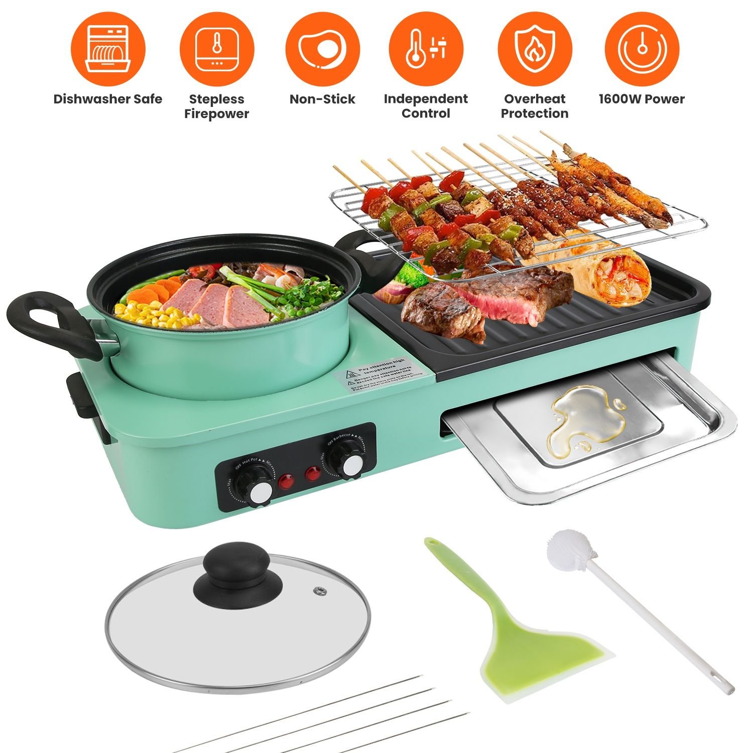 3 in 1 Electric Hot Pot with Grill 1600W Smokeless Non-Stick Korean BBQ ...
